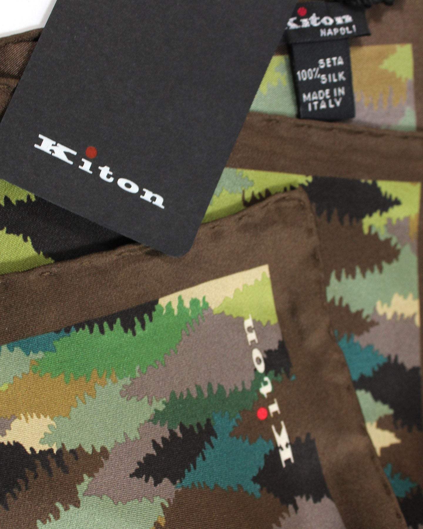 Kiton Silk Pocket Square Brown Green Trees - Novelty