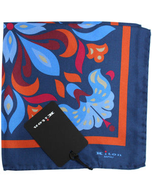 Kiton Silk Pocket Square Navy Blue Orange Red Ornamental