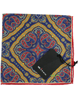 Kiton Silk Pocket Square Dark Blue Red Olive Paisley Medallions