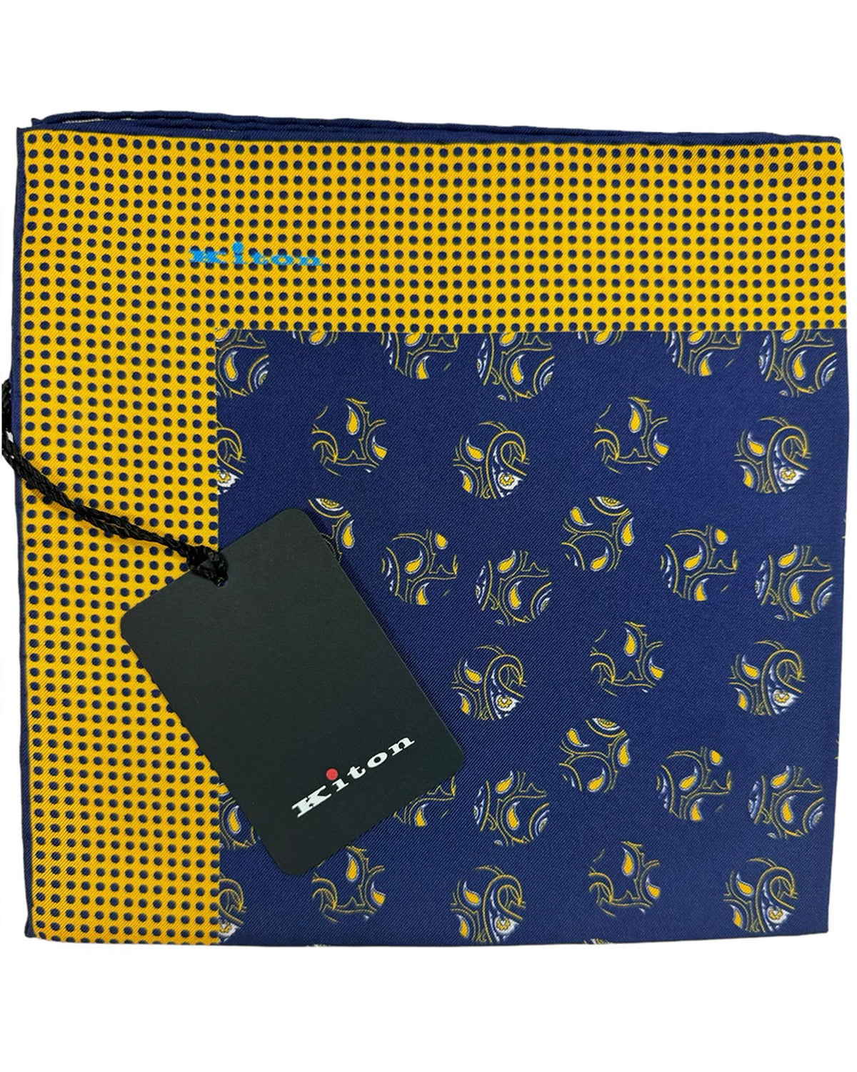 Kiton Silk Pocket Square Navy Yellow Dots