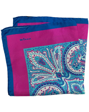 Kiton Silk Pocket Square Magenta Aqua Navy Ornamental