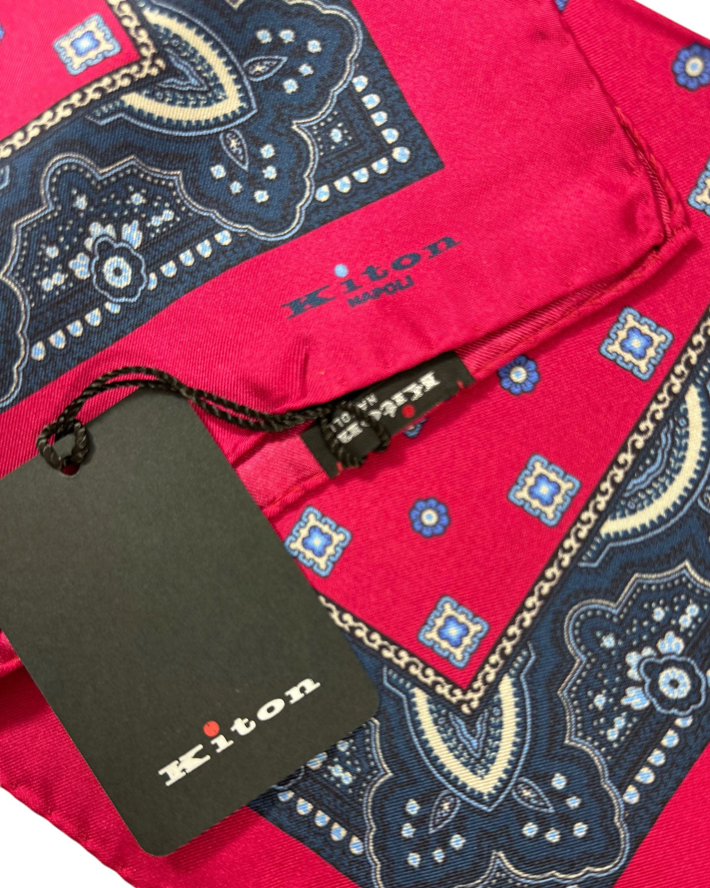 Kiton Silk Pocket Square Red Blue Medallions