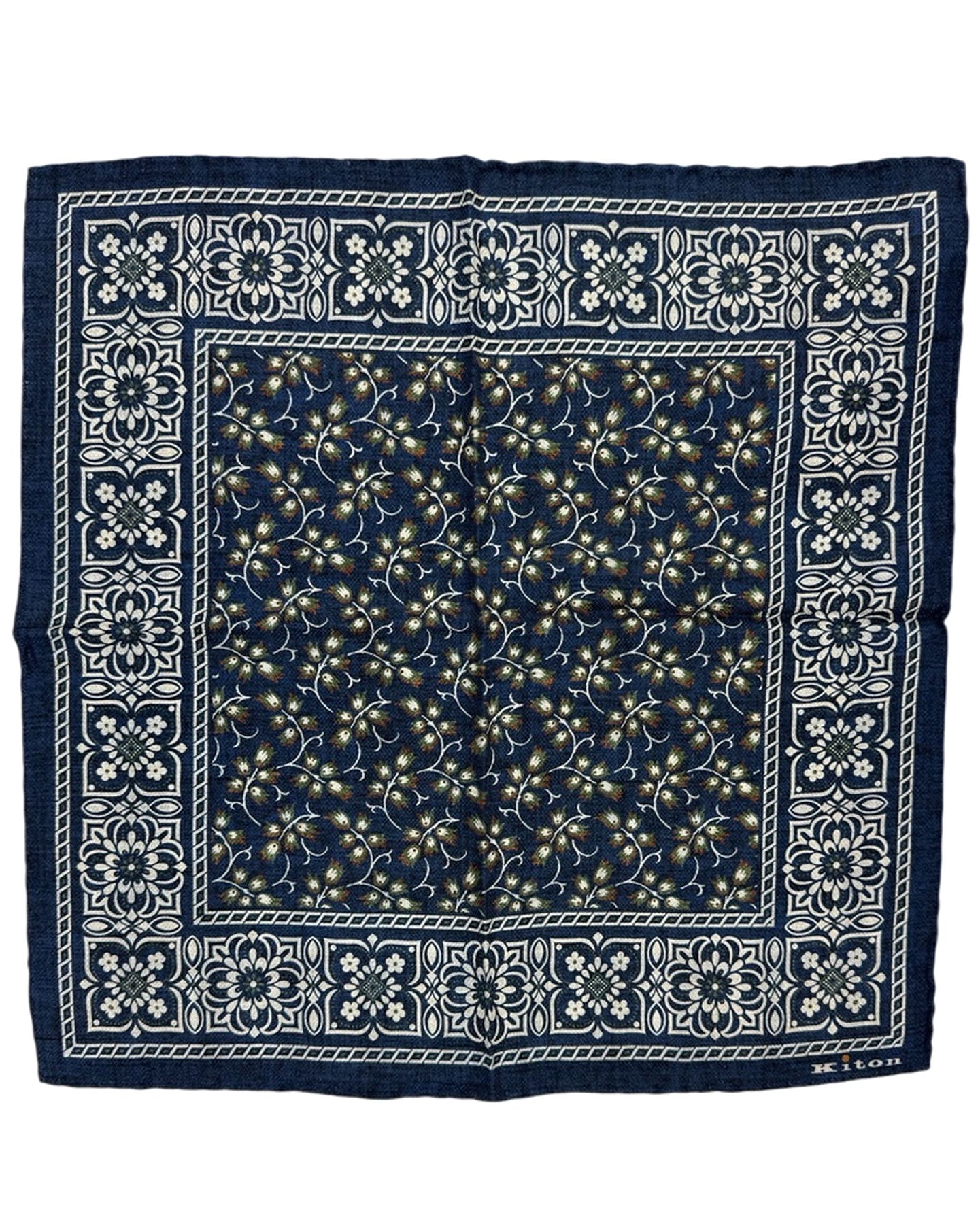 Kiton Silk Pocket Square Dark Blue Olive Floral