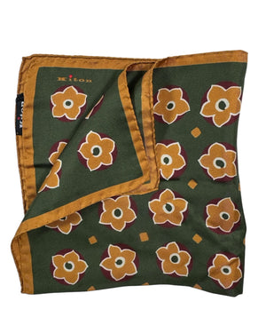 Kiton Silk Pocket Square Dark Green Olive Brown Floral