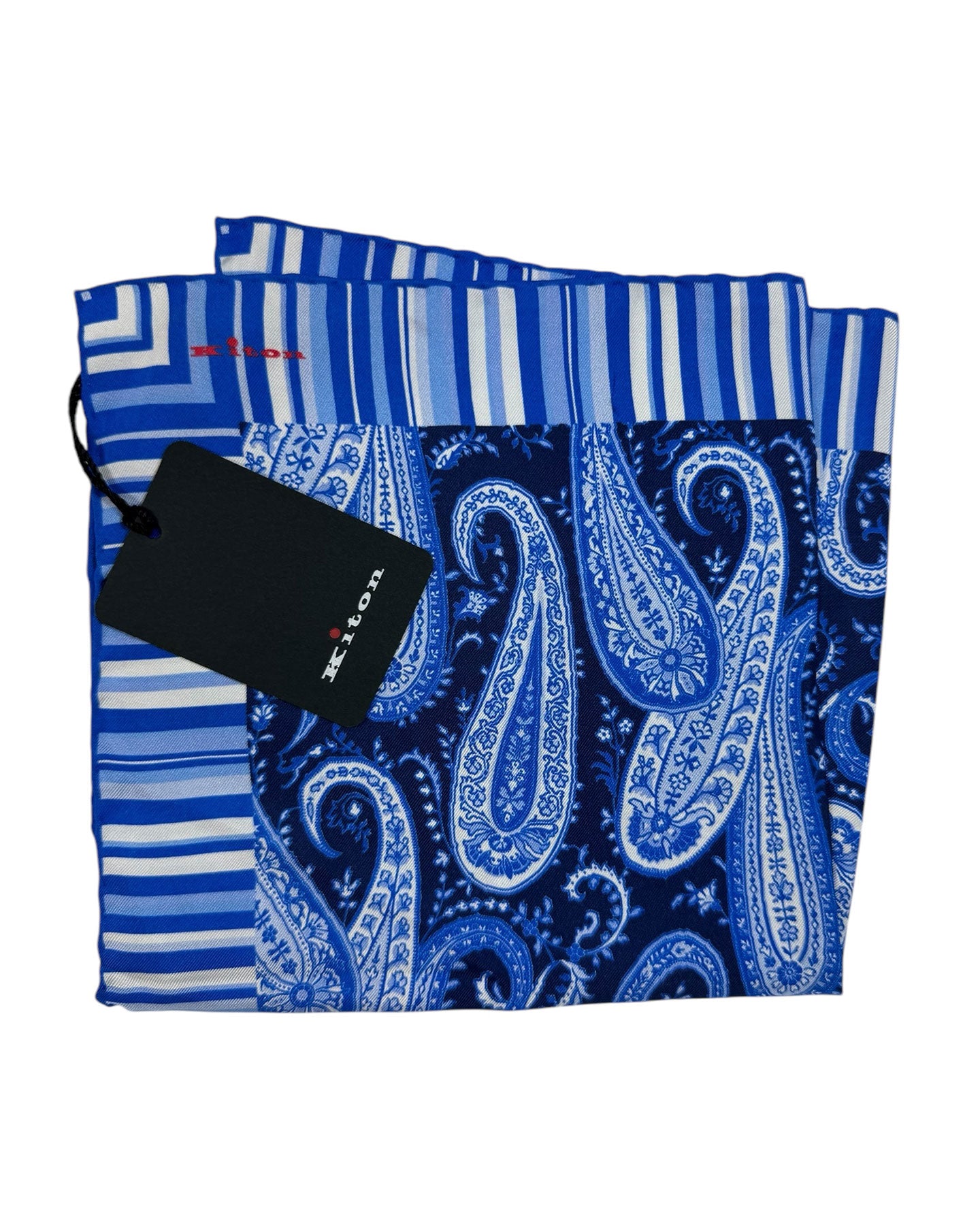 Kiton Pocket Square Navy Blue White Paisley