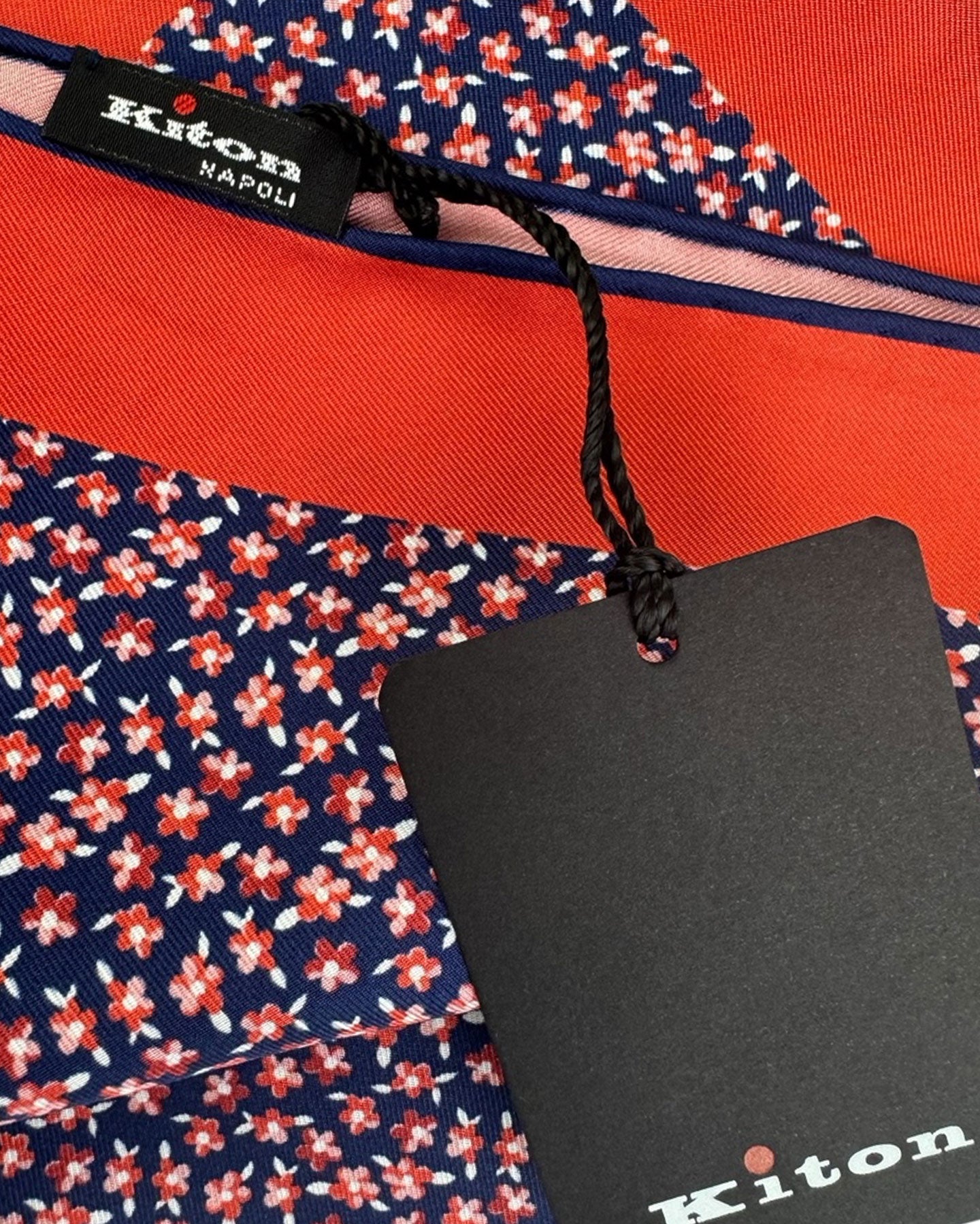 Kiton Silk Pocket Square Navy Pink Mini Flowers