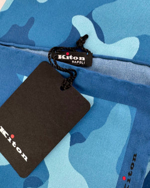 Kiton Silk Pocket Square Blue Camo Design