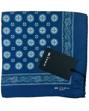 Kiton Silk Pocket Square Navy Blue Medallions