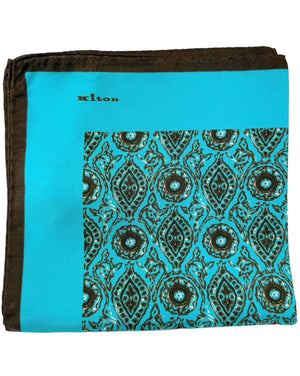 Kiton Silk Pocket Square Aqua Dark Brown Medallions