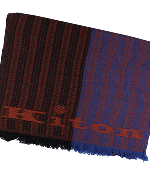 Kiton Cashmere Scarf Rust Brown Royal Blue Striped Pattern - Large Shawl SALE