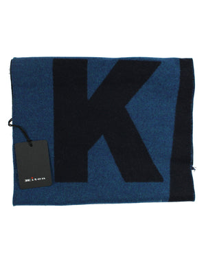 Kiton Wool Cashmere Scarf Midnight Blue Black Kiton Logo Text