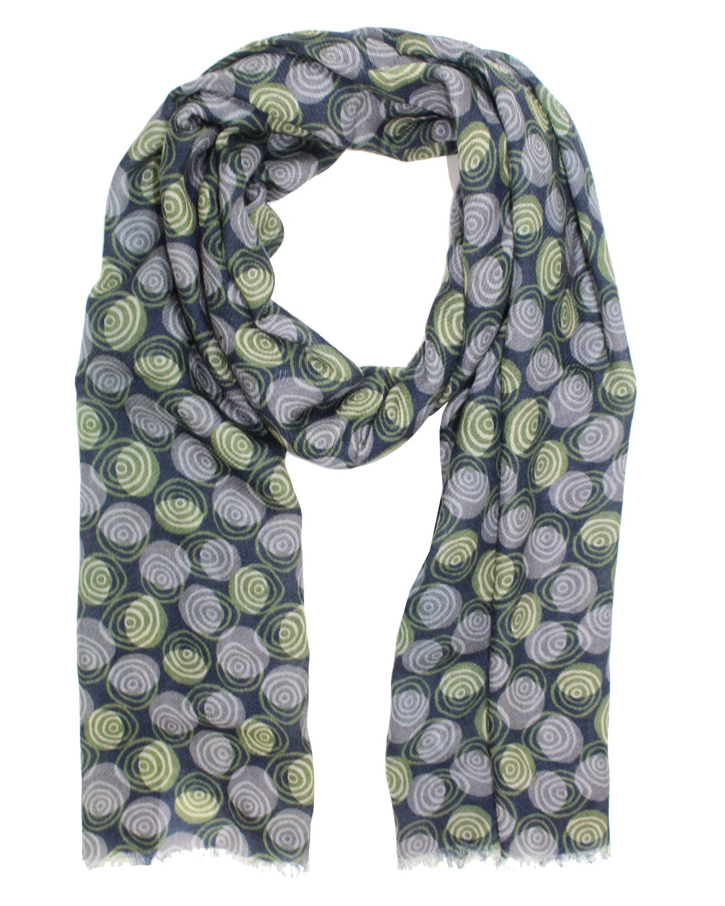 Kiton Cashmere Scarf Gray Forest Green Olive Circles
