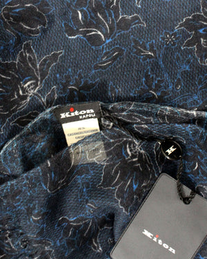 Kiton Scarf Black Royal Blue Floral Design - Luxury Cashmere Silk Shawl