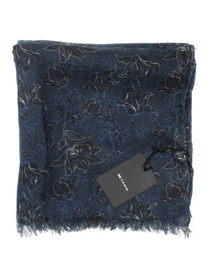 Kiton Scarf Black Royal Blue Floral Design - Luxury Cashmere Silk Shawl SALE