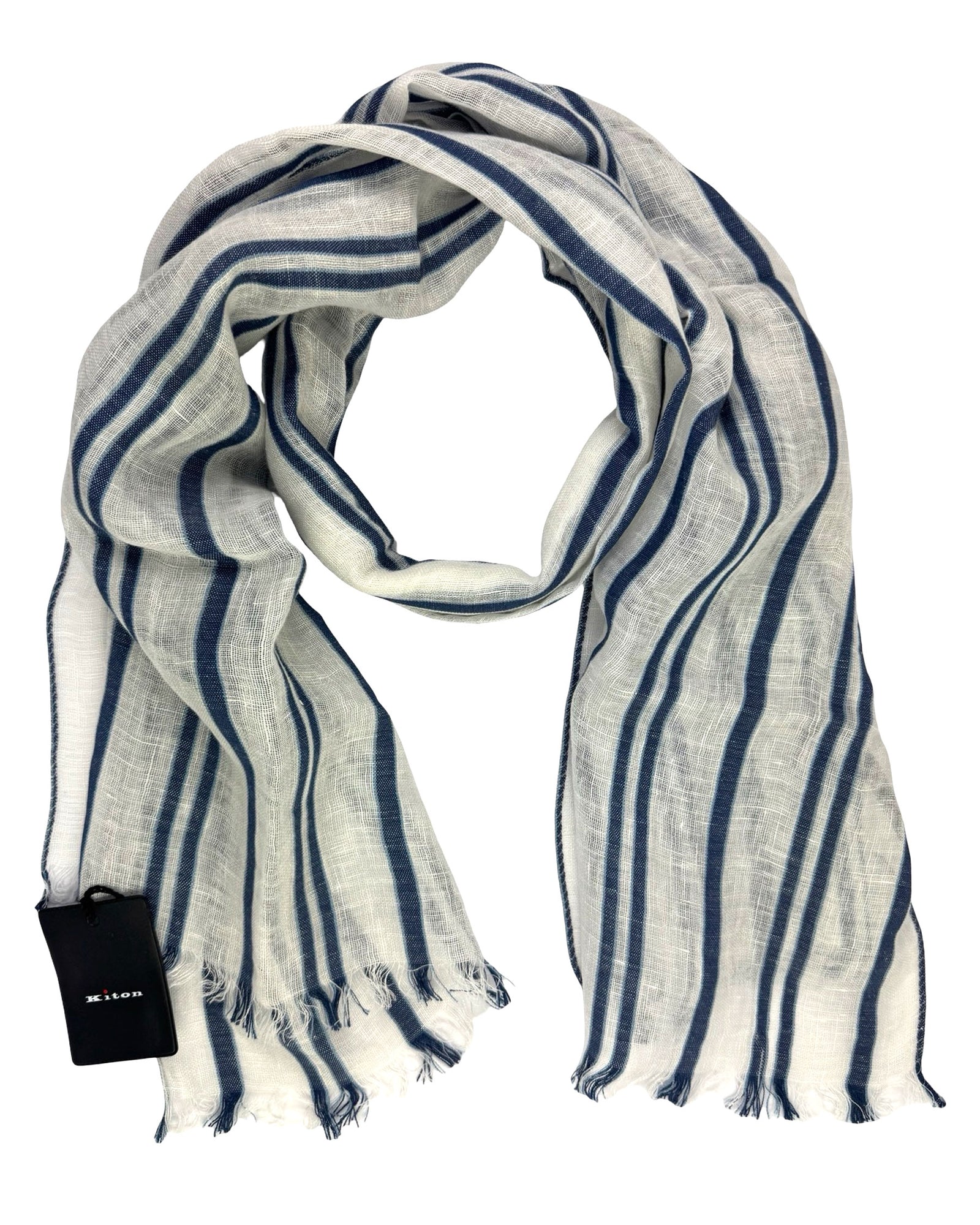 Kiton Scarf White Navy Stripes- Lightweight Linen Silk Shawl