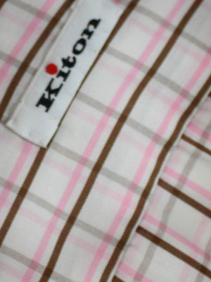 Kiton Short Sleeve Shirt White Pink Brown Check 37 - 14 1/2 REDUCED - SALE