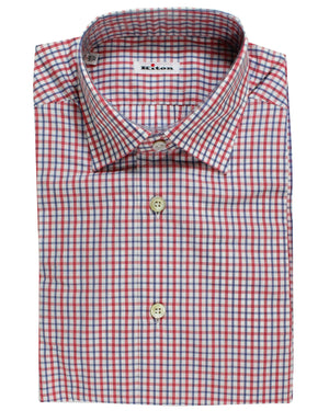 Kiton Short Sleeve Shirt White Red Royal Blue Check