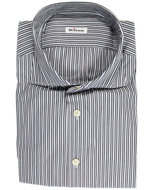 Kiton Dress Shirt Black Gray Stripes 45 - 18