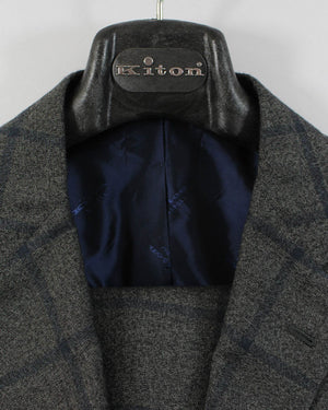 Kiton Cashmere Suit Charcoal Gray Dark Blue Windowpane Design EUR 52/ US 42
