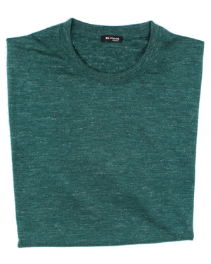 Kiton Short Sleeve Sweater Cashmere Linen Silk Green Crew Neck