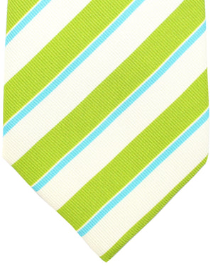 Kiton Sevenfold Tie White Aqua Lime Stripes