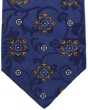 Kiton Tie Navy Royal Blue Brown Medallions Design - Sevenfold Necktie