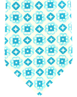 Kiton Tie White Aqua Geometric Design - Sevenfold Necktie
