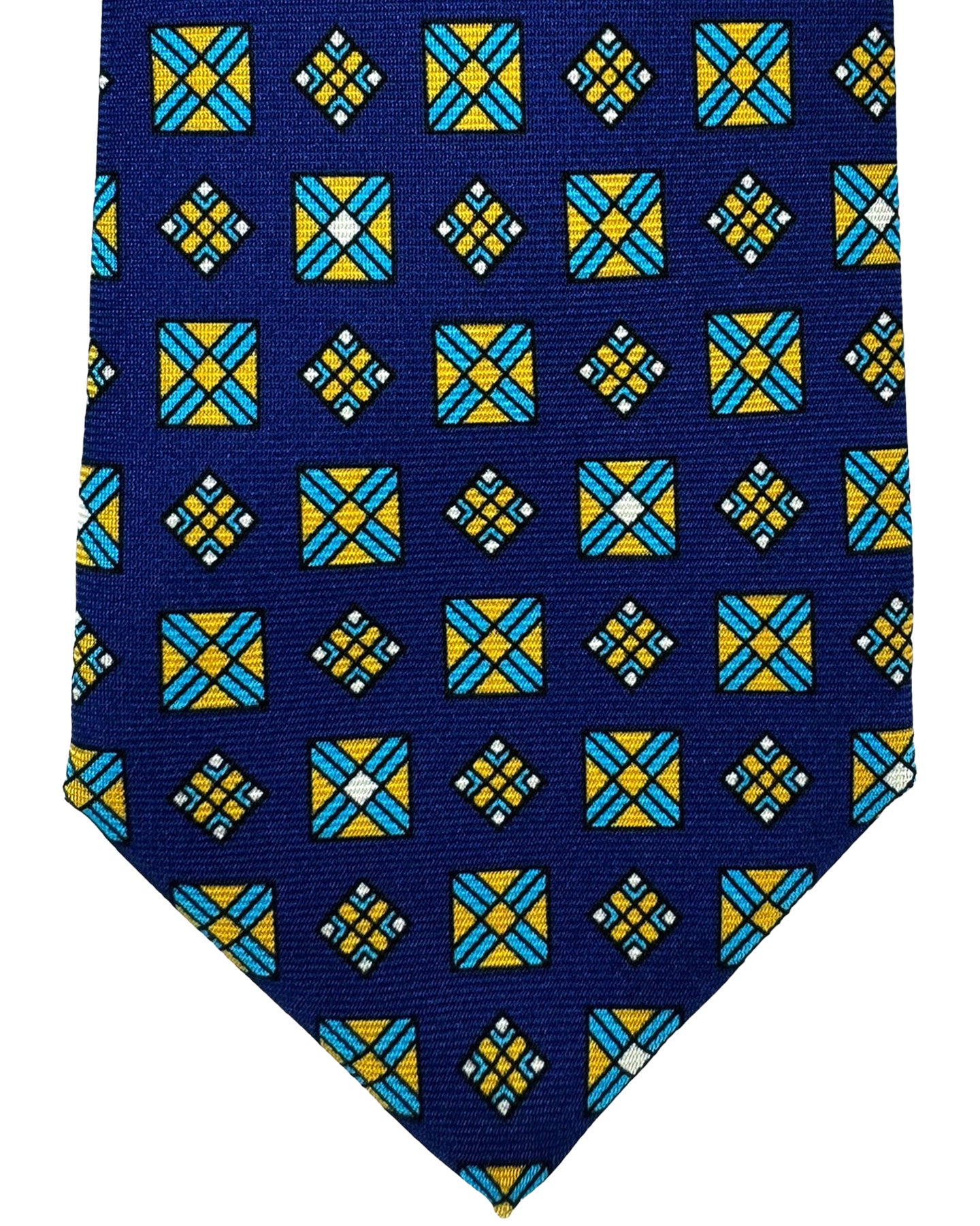 Kiton Tie Navy Aqua Olive Geometric - Sevenfold Necktie