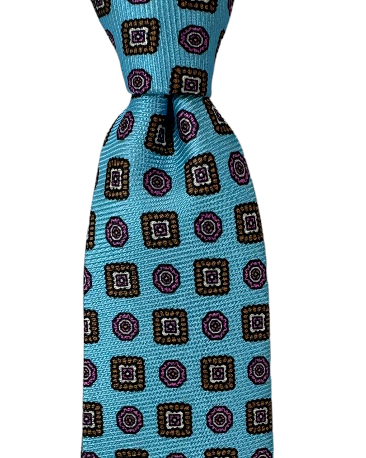 Kiton Tie Sky Blue Pink Brown Medallions - Sevenfold Necktie