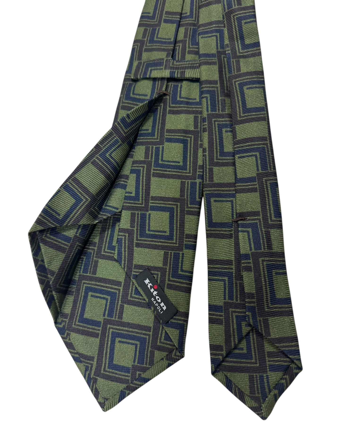 Kiton Sevenfold Tie Forest Green Navy Brown Squares