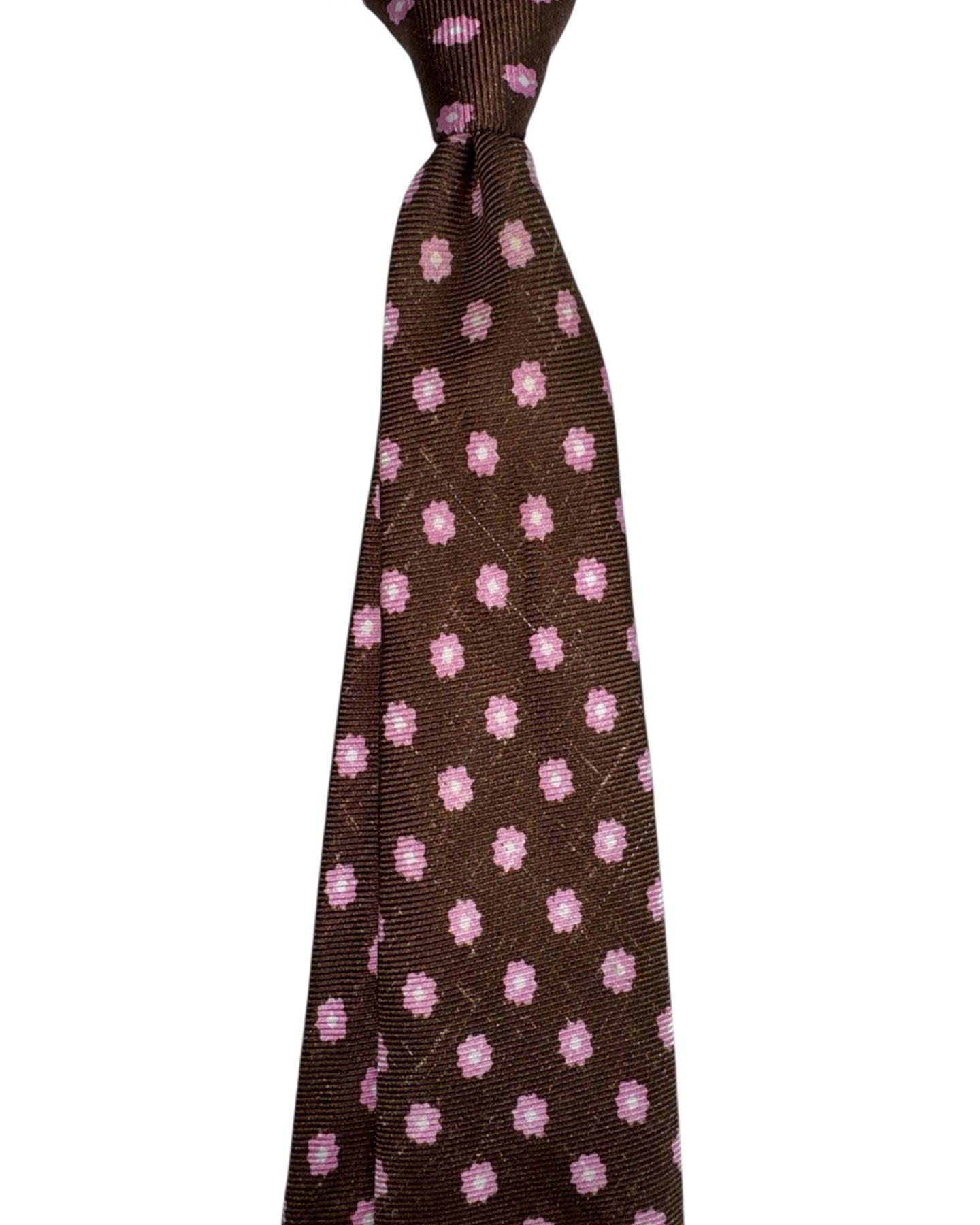 Kiton Tie Brown Pink Flowers - Raw Silk Sevenfold Necktie SALE