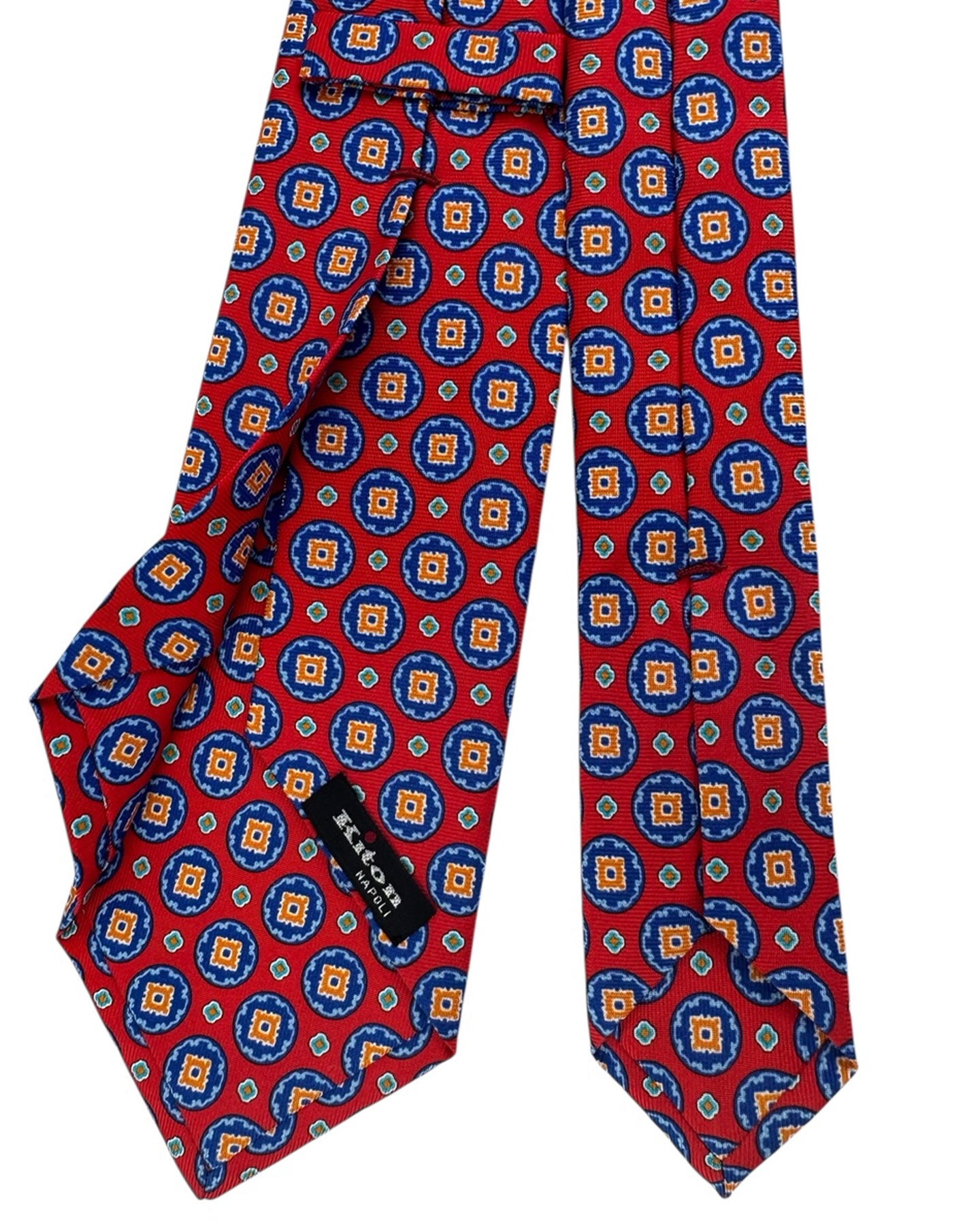 Kiton Sevenfold Tie Red Royal Blue Medallion Design