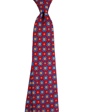 Kiton Sevenfold Tie Red Royal Blue Medallion Design