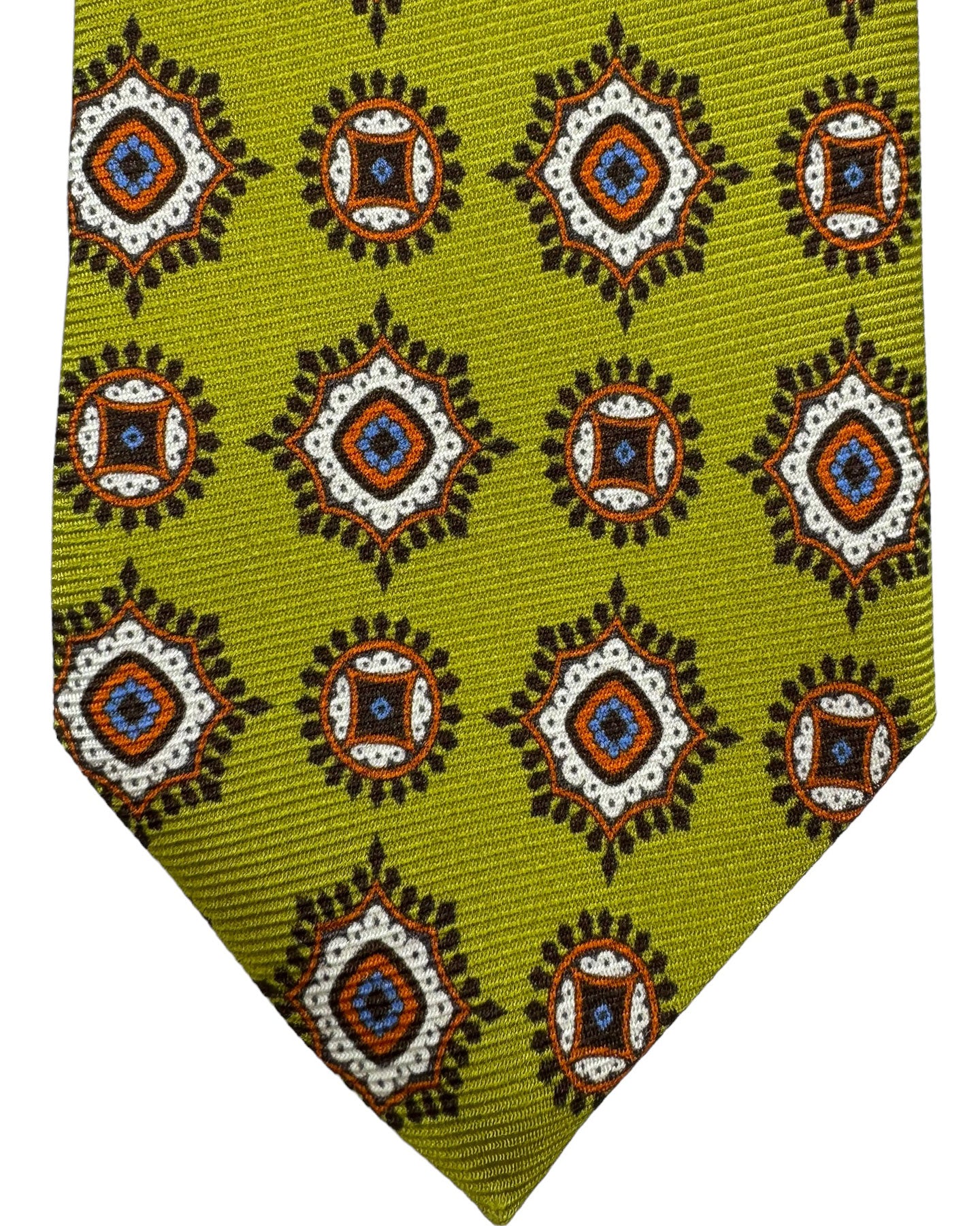 Kiton Silk Tie Olive Green Brown Navy Medallions - Sevenfold Necktie