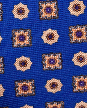 Kiton Tie Royal Blue Purple Orange Medallion Flowers