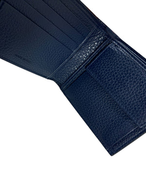 Kiton Wallet - Dark Blue Grain Leather Men Wallet Bifold With Coin Pocket