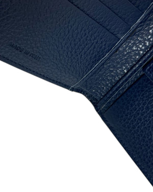 Kiton Wallet - Dark Blue Grain Leather Men Wallet Bifold With Coin Pocket