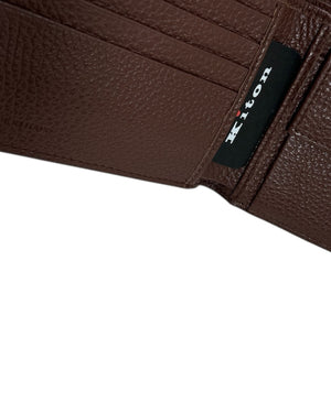 Kiton Wallet - Brown Grain Leather Men Wallet Bifold With Coin Pocket