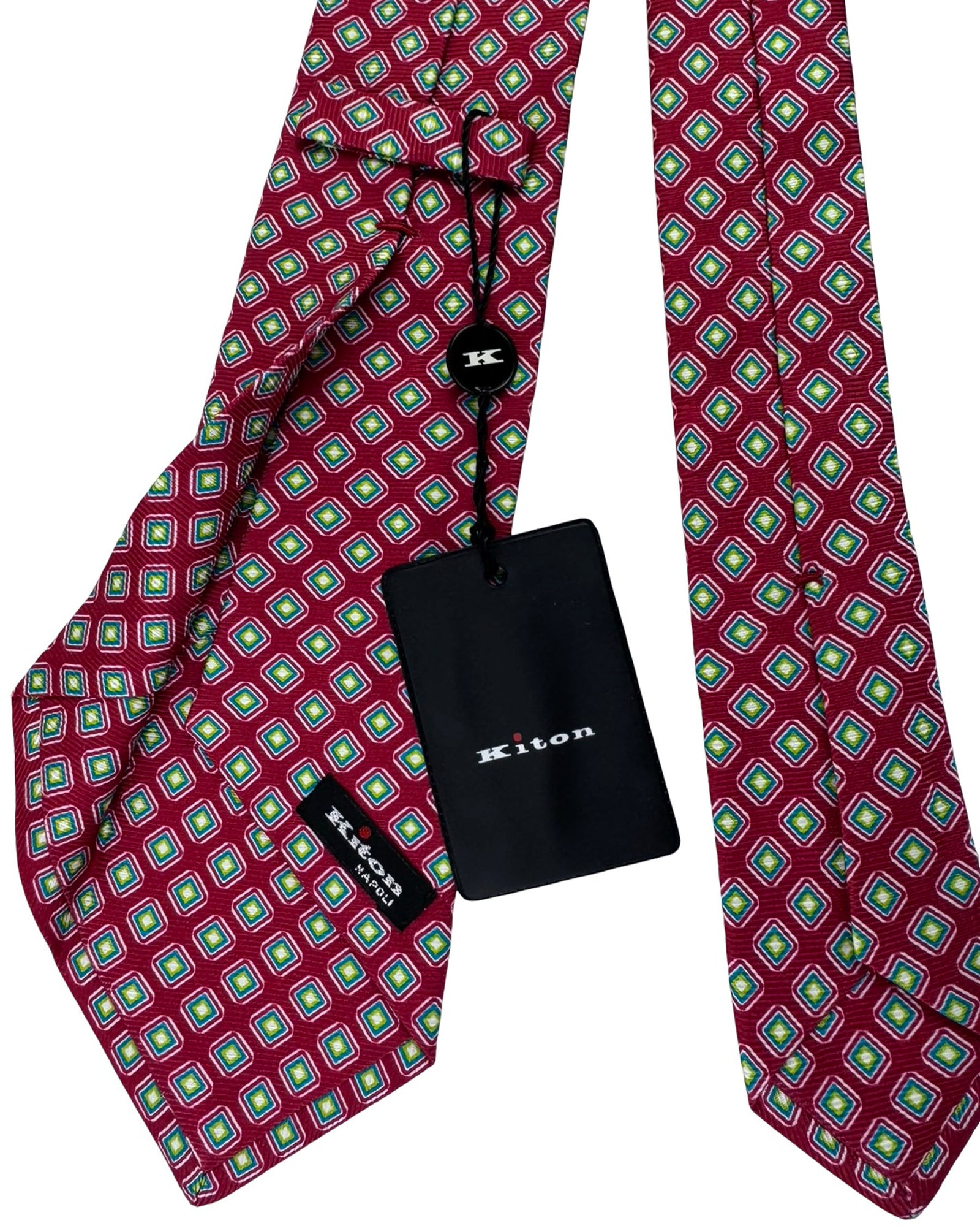 Kiton Sevenfold Tie Red Emerald Diamond Medallion Pattern