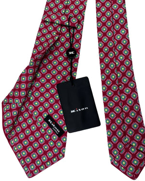 Kiton Sevenfold Tie Red And Emerald Diamond Medallion Pattern