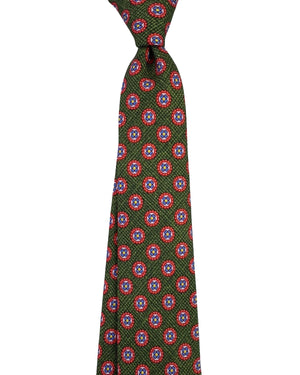 Kiton Sevenfold Tie Forest Green Red Floral Medallion Pattern