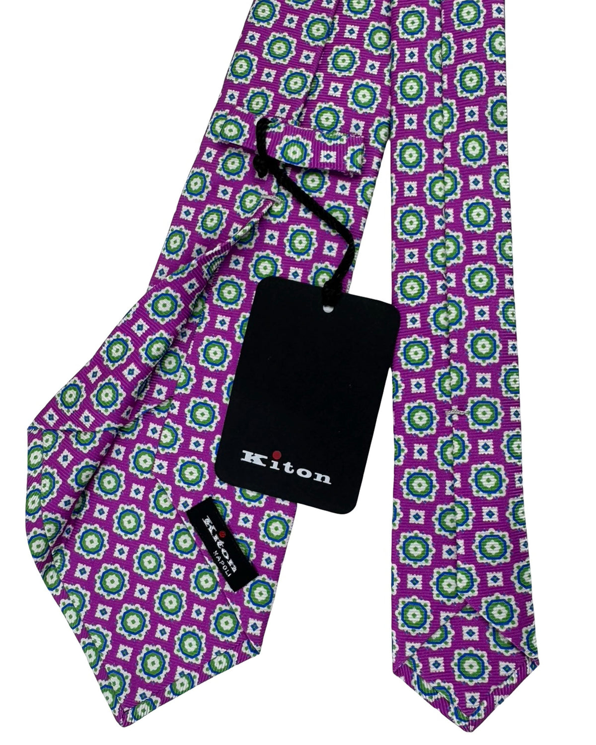 Kiton Sevenfold Tie Purple And Green Geometric Medallion Pattern