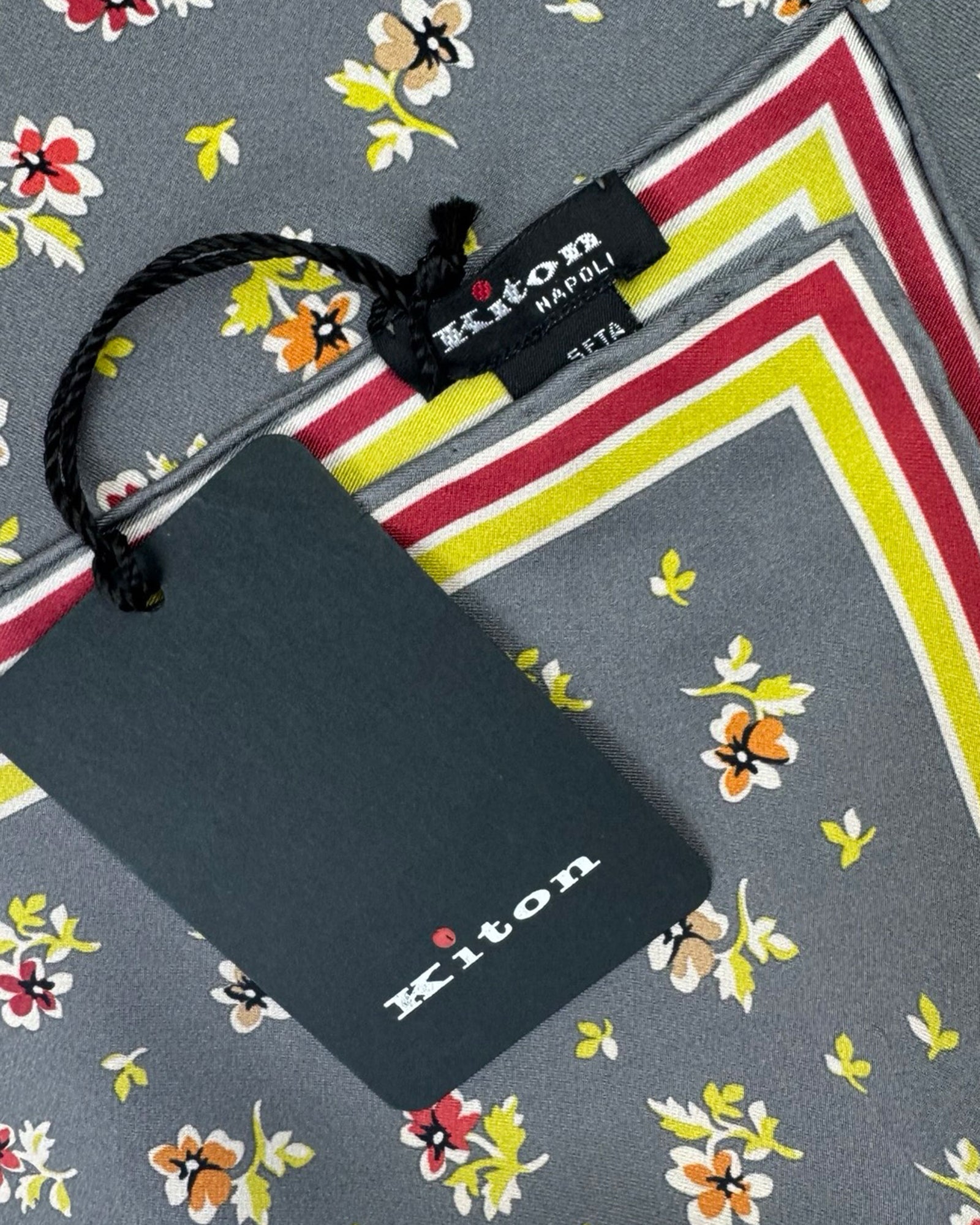Kiton Silk Pocket Square Gray Floral