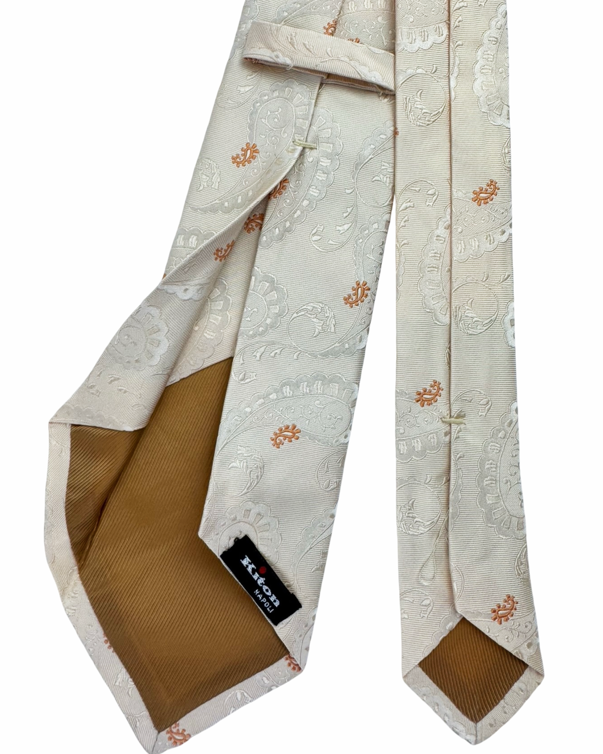 Kiton Sevenfold Silk Tie White Beige Orange Paisley Design