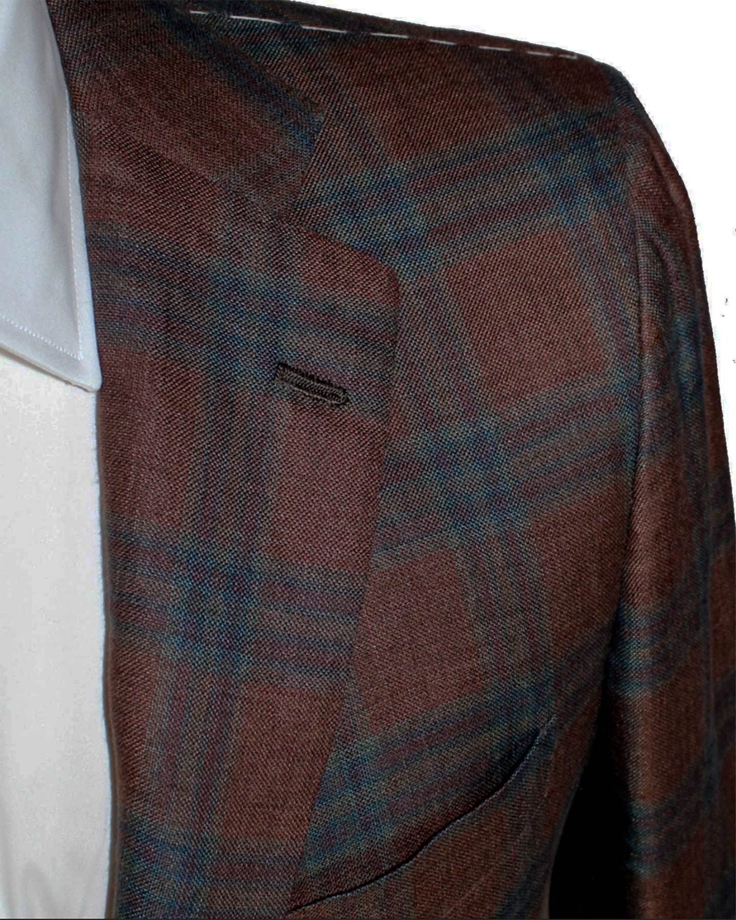 Kiton Sport Coat EU 48 - US 38 R Brown Turquoise Plaid Linen Cashmere Unlined Blazer SALE