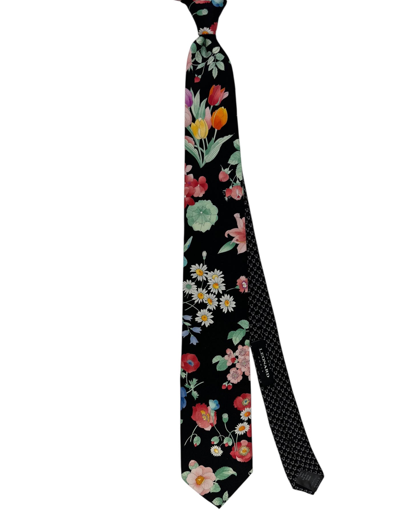 Leonard Paris Tie Black Garden Red Blue Pink Flowers