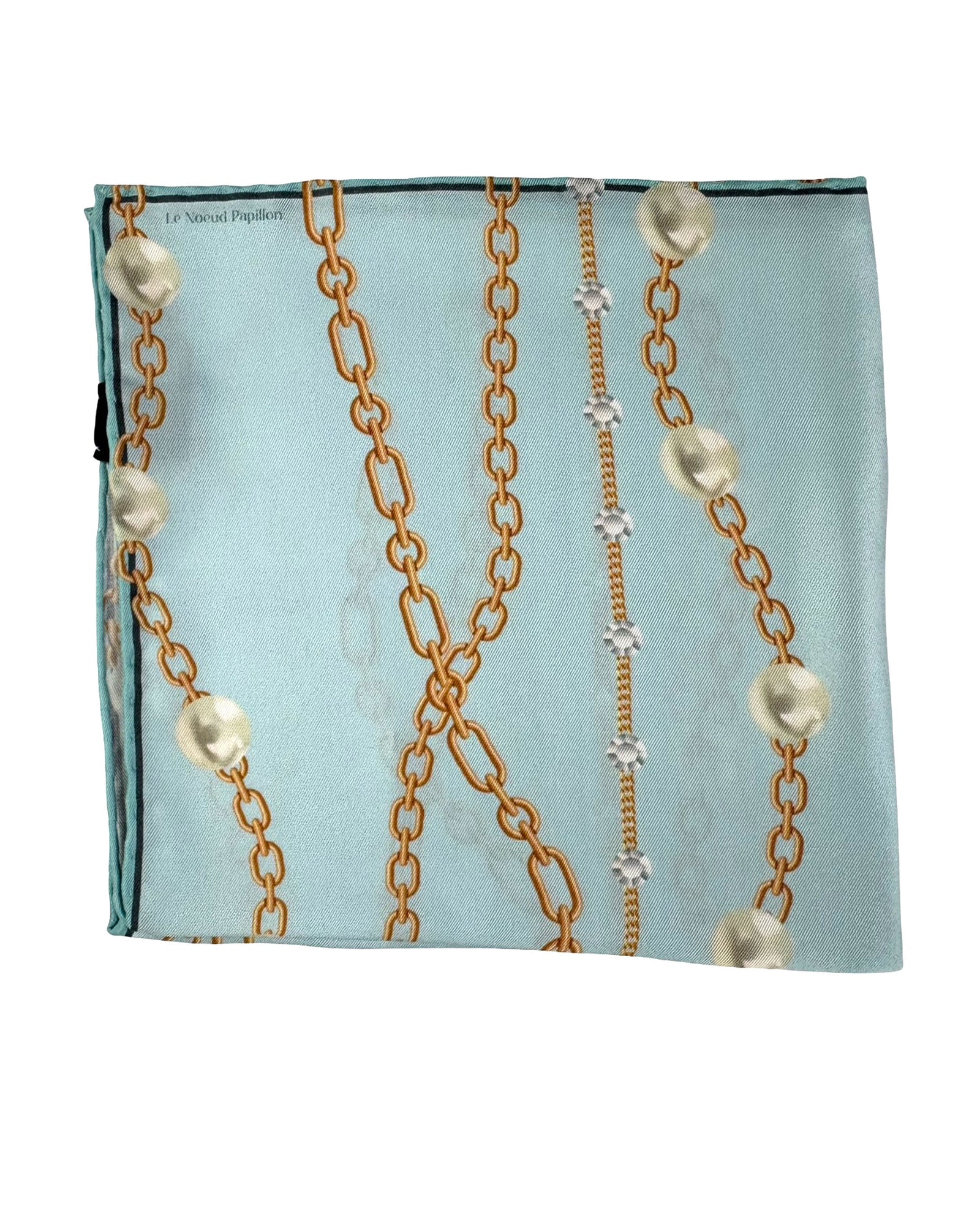 Le Noeud Papillon Silk Pocket Square Seafoam Gray Pearls & Chain FINAL SALE