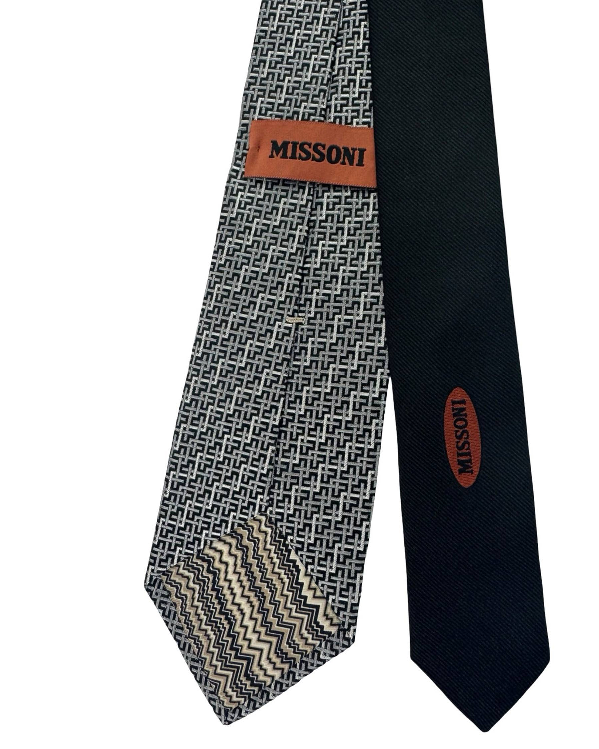 Missoni Silk Tie Black and Silver Herringbone ZigZag