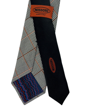 Missoni Silk Tie Black Silver Orange Mini Houndstooth Plaid Pattern