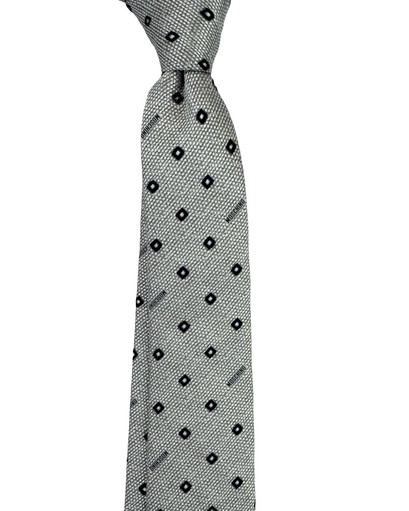 Moschino Silk Tie Silver Grey Logo Mini Squares